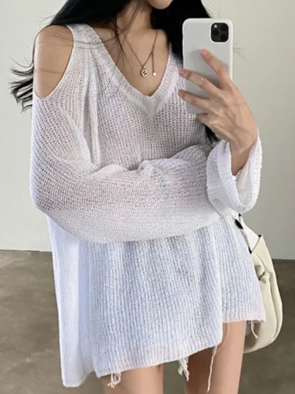 V-Neck Cold Shoulder Sweater Tops - Image 2
