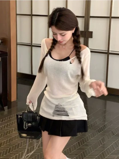 Ripped Slanted Off Shoulder Sweater - Image 2