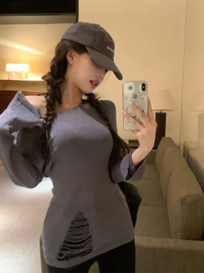 Ripped Slanted Off Shoulder Sweater - Image 6