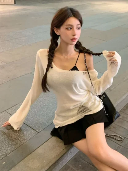 Ripped Slanted Off Shoulder Sweater