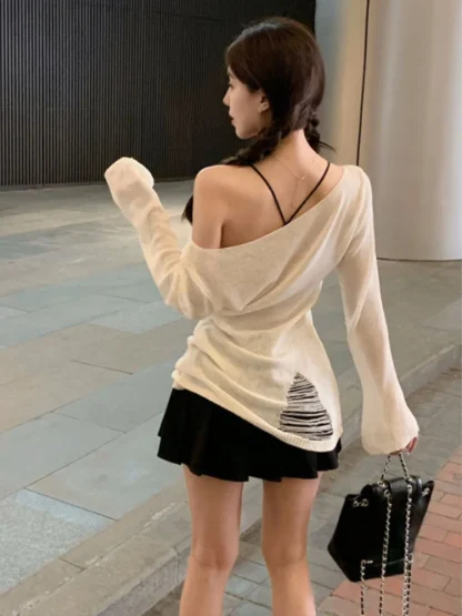 Ripped Slanted Off Shoulder Sweater - Image 4