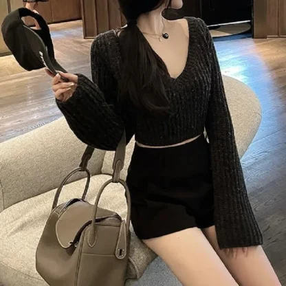 V-Neck Cropped Off Shoulder Sweater - Image 2