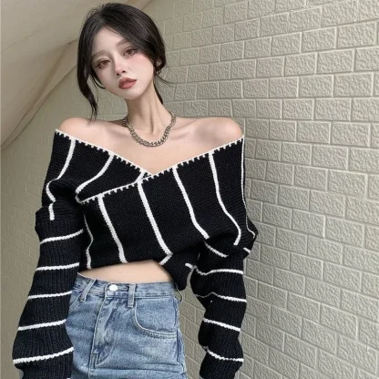 V-Neck Wrap Off Shoulder Sweater - Image 6