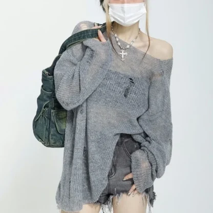 Ripped Off Shoulder Sweater Pullover - Image 3