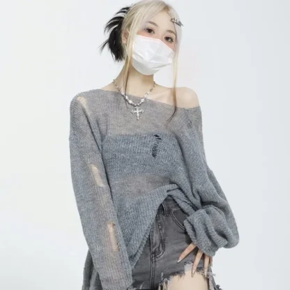 Ripped Off Shoulder Sweater Pullover - Image 5