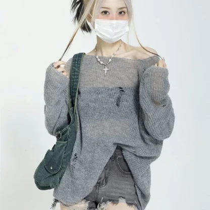 Ripped Off Shoulder Sweater Pullover - Image 6