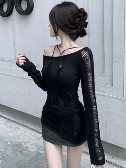 Hollow Ripped Off Shoulder Sweater - Image 2
