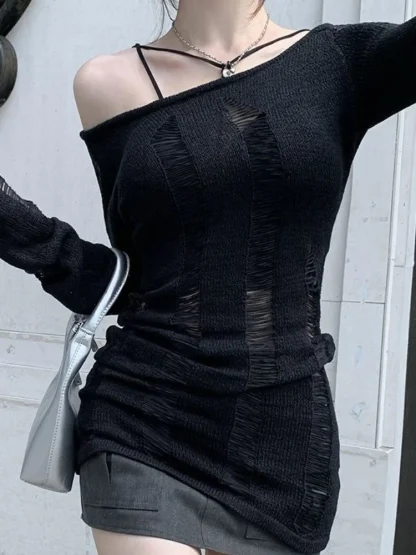 Hollow Ripped Off Shoulder Sweater - Image 3