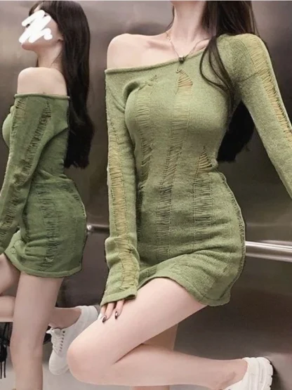 Hollow Ripped Off Shoulder Sweater - Image 4