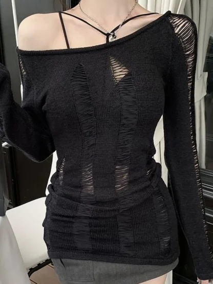 Hollow Ripped Off Shoulder Sweater