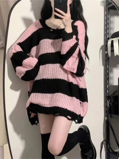 Lazy Stripe Off Shoulder Sweater - Image 2