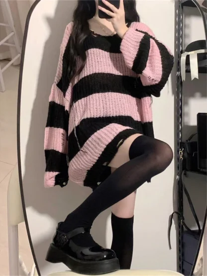 Lazy Stripe Off Shoulder Sweater - Image 3