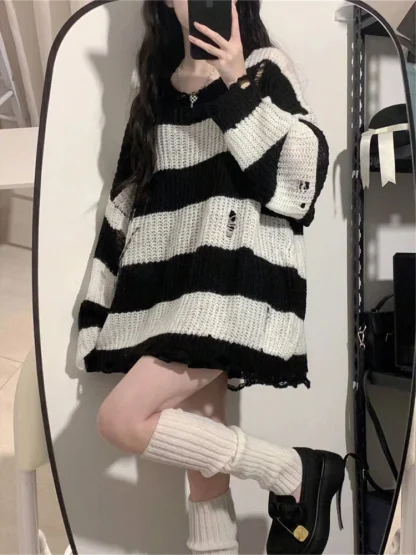 Lazy Stripe Off Shoulder Sweater - Image 5