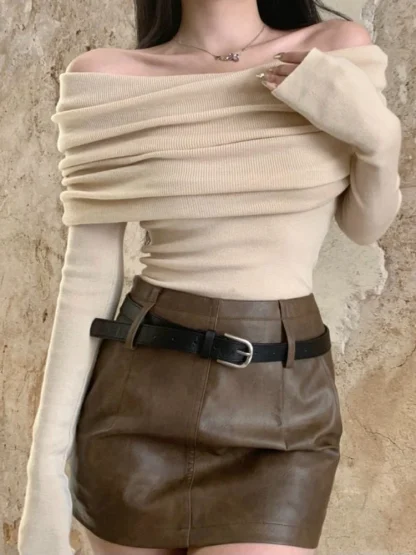 Bodycon Pleated Off Shoulder Sweater - Image 2