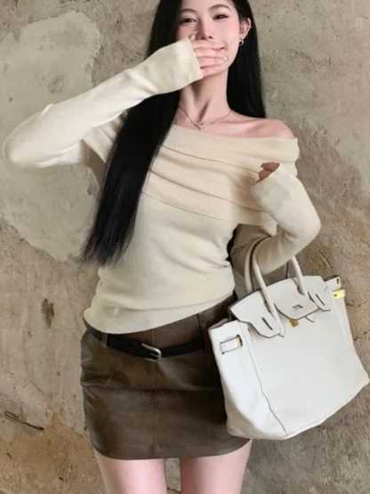 Bodycon Pleated Off Shoulder Sweater - Image 3