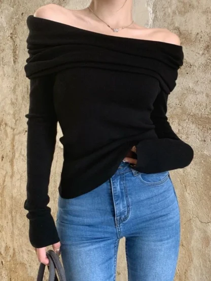 Bodycon Pleated Off Shoulder Sweater - Image 6