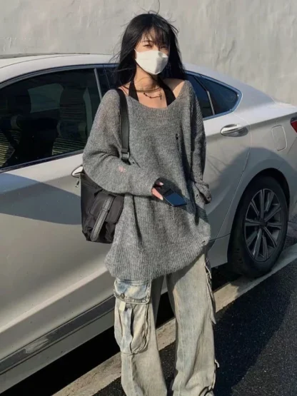 Gray Ripped Off Shoulder Sweater - Image 2