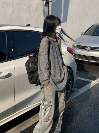 Gray Ripped Off Shoulder Sweater - Image 3