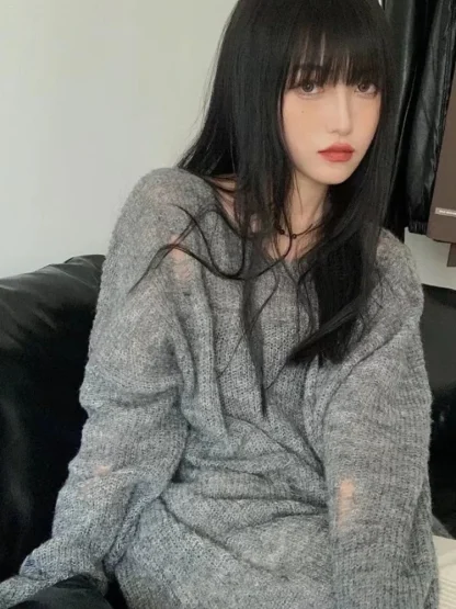Gray Ripped Off Shoulder Sweater - Image 4