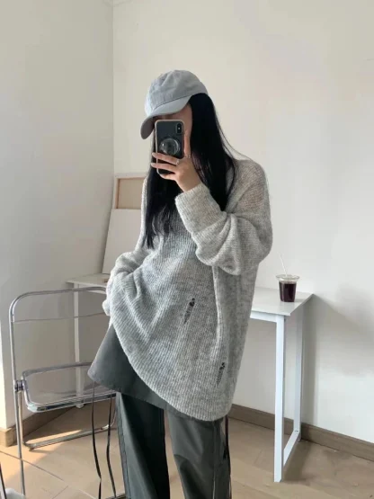 Gray Ripped Off Shoulder Sweater - Image 5