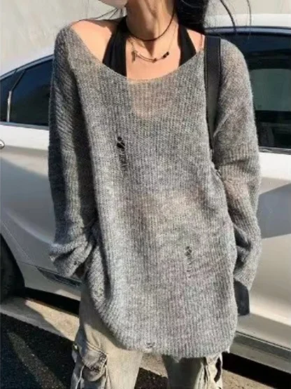 Gray Ripped Off Shoulder Sweater