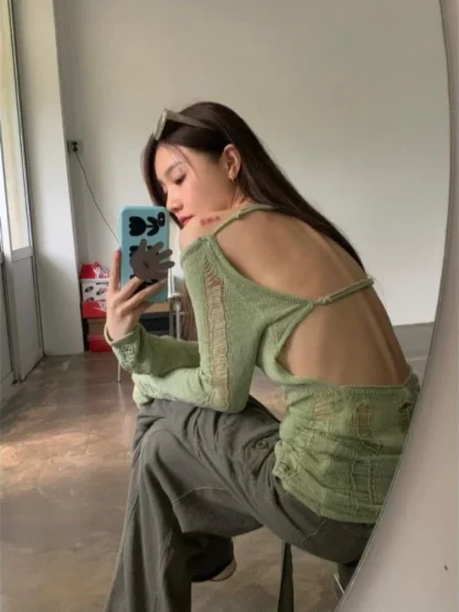 Green Ripped Off Shoulder Sweater - Image 2