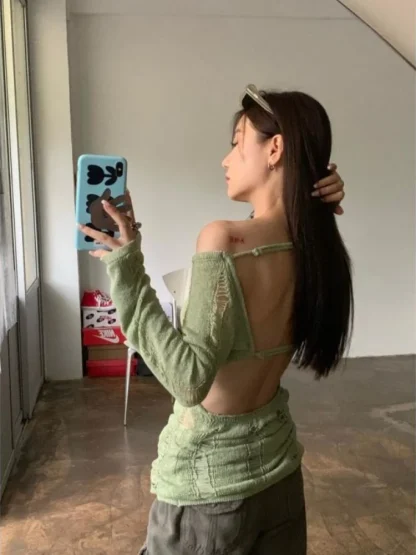 Green Ripped Off Shoulder Sweater - Image 3