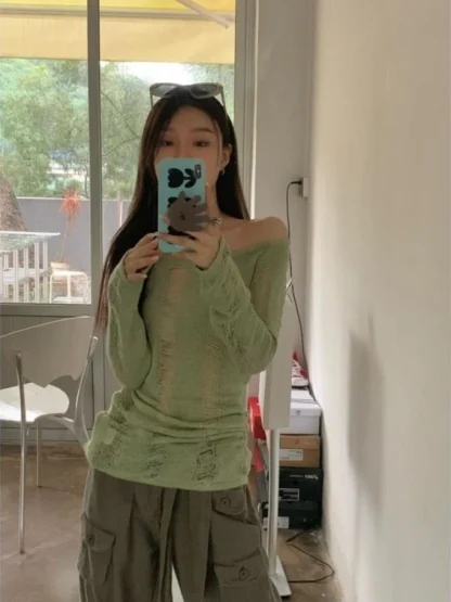 Green Ripped Off Shoulder Sweater - Image 4