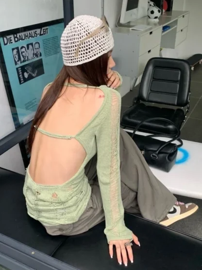 Green Ripped Off Shoulder Sweater - Image 5