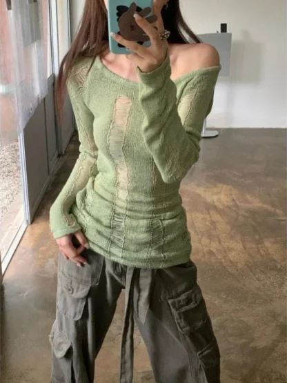 Green Ripped Off Shoulder Sweater