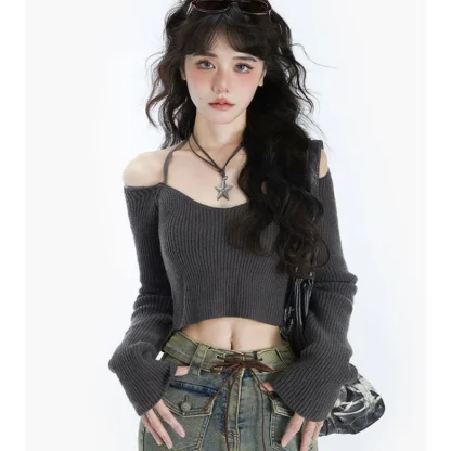 Knitted Cropped Off Shoulder Sweater - Image 6