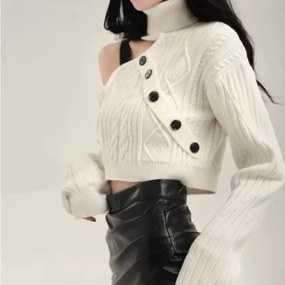 White Turtleneck Off Shoulder Sweater - Image 3