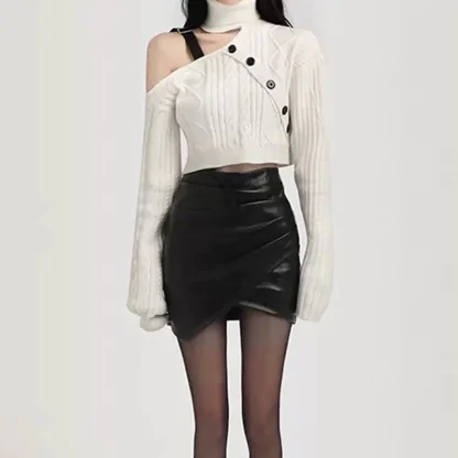 White Turtleneck Off Shoulder Sweater - Image 6