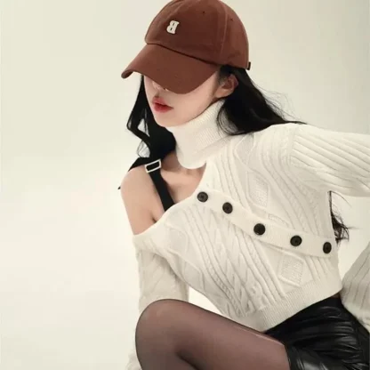 White Turtleneck Off Shoulder Sweater - Image 4