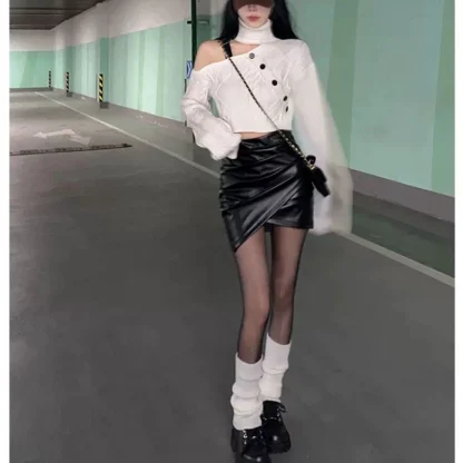 White Turtleneck Off Shoulder Sweater - Image 7