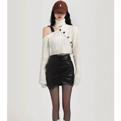 White Turtleneck Off Shoulder Sweater - Image 5