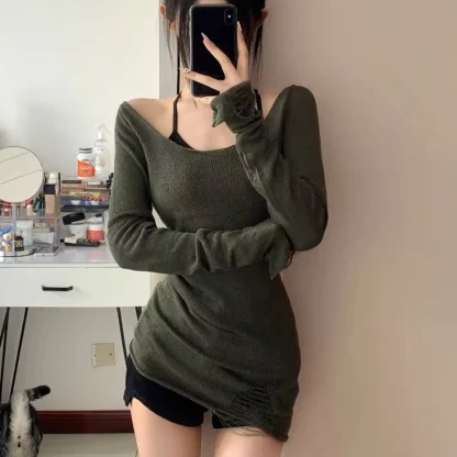 Slim Ripped Off Shoulder Sweater - Image 2