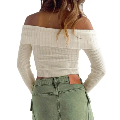 Beige Off Shoulder Sweater Tops - Image 4
