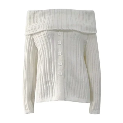 Button-Down Off Shoulder Sweater Tops - Image 4