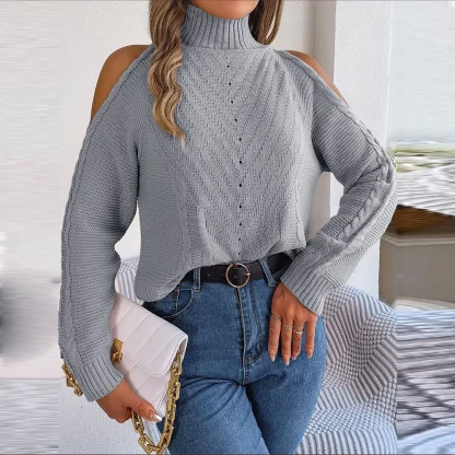 Turtleneck Open Shoulder Sweater Tops - Image 5