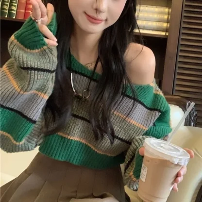 Cropped Stripe Off Shoulder Sweater - Image 2