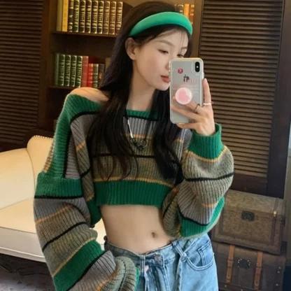 Cropped Stripe Off Shoulder Sweater - Image 3