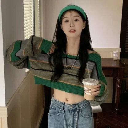 Cropped Stripe Off Shoulder Sweater - Image 5