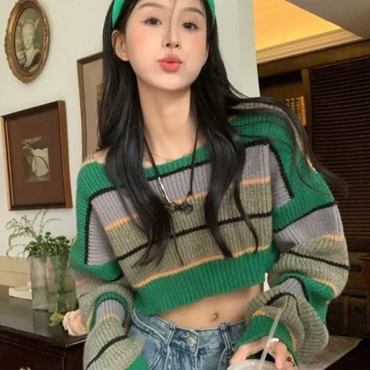 Cropped Stripe Off Shoulder Sweater