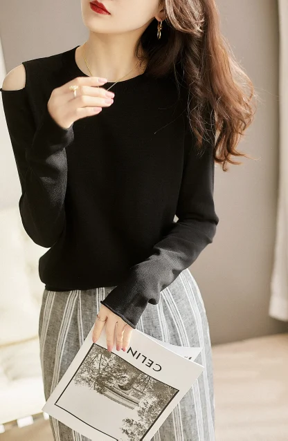 O-Neck Cold Shoulder Sweater Tops - Image 2
