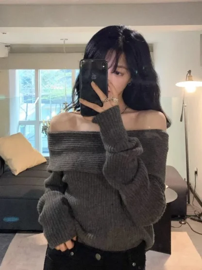 Chic Solid Off Shoulder Sweater - Image 2