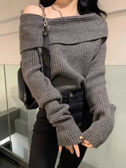 Chic Solid Off Shoulder Sweater - Image 3