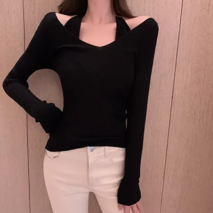 Halter V-Neck Off Shoulder Sweater - Image 3