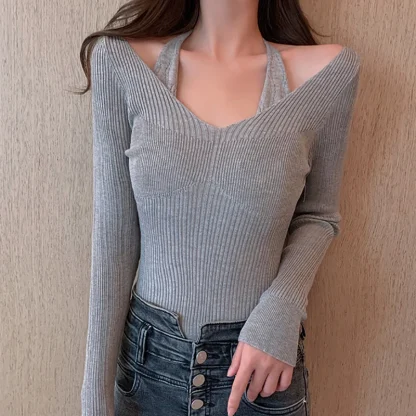 Halter V-Neck Off Shoulder Sweater