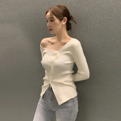 Asymmetric Button-Down Off Shoulder Sweater - Image 2